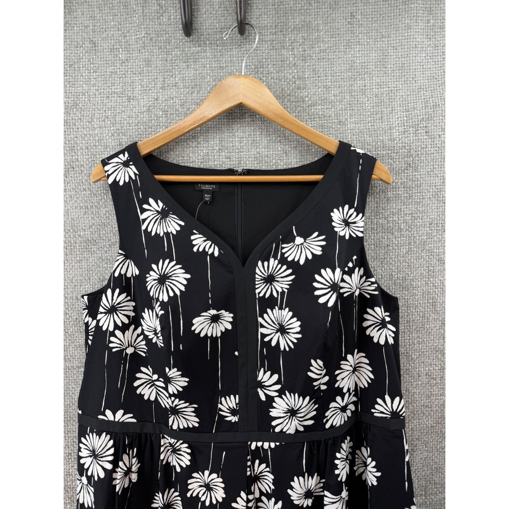 Talbots Floral Dress Women 16WP Black Daisy Print Sleeveless V-Neck Lined New!